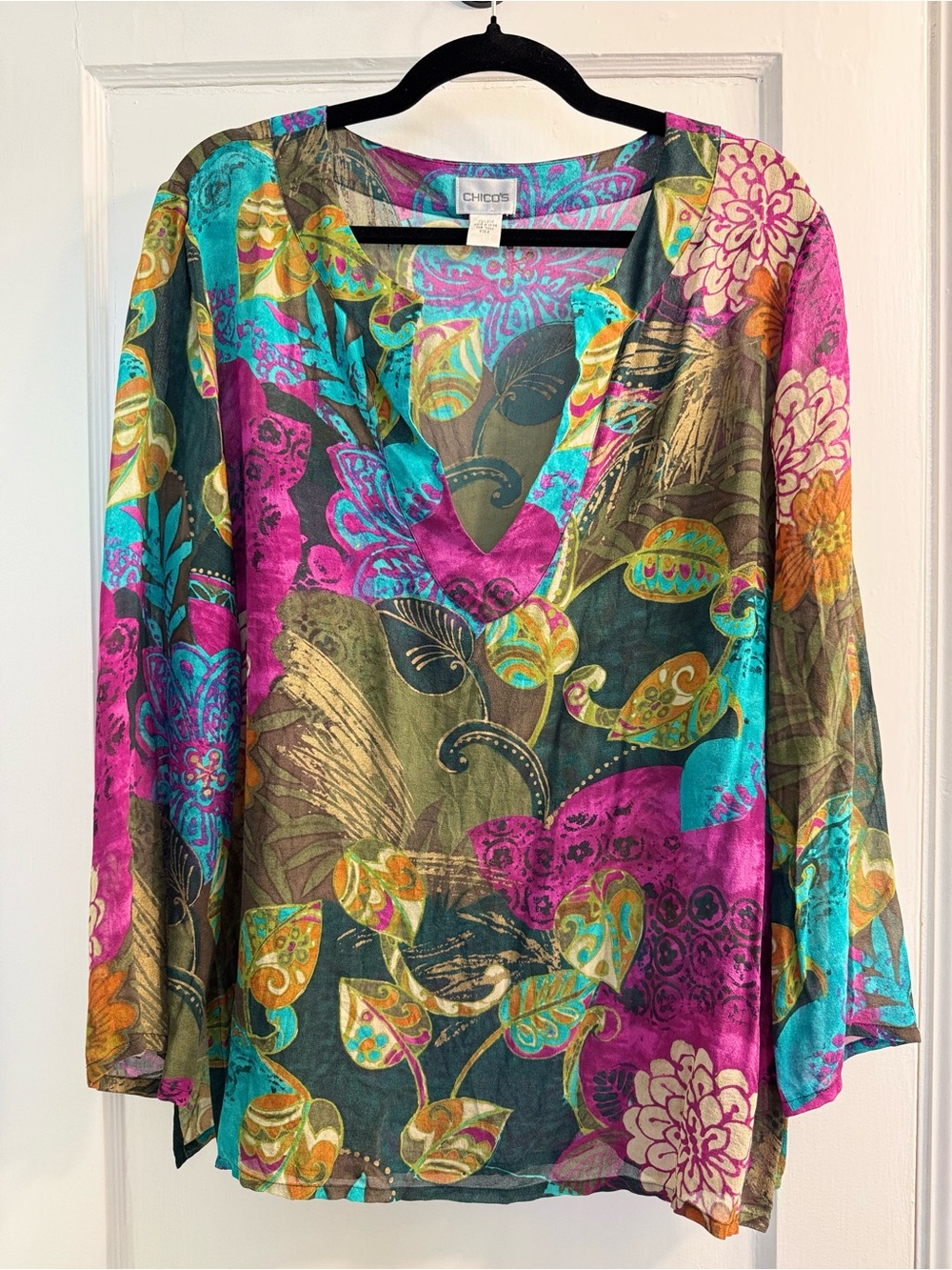 Chico's Silk Multicolor Floral V-Neck Tunic Top - Teal & Magenta Large